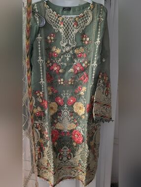 Embroidered Olive Green Floral Midi Dress